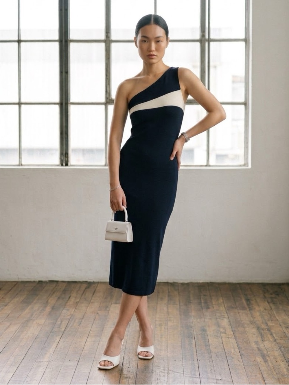 Vintage Y2K Ralph Lauren blue colourblock one shoulder silk midi dress - US 6